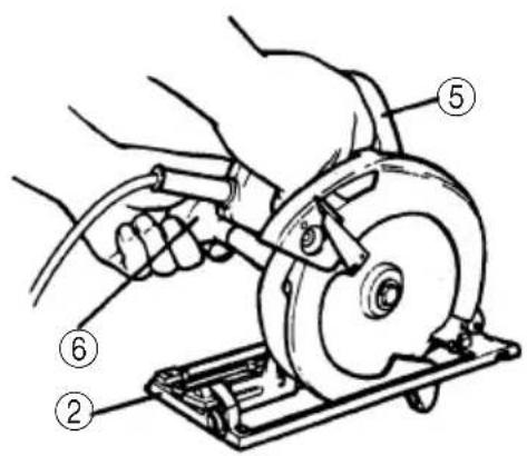 Technical diagram showing hands operating a cutting tool with numbered parts labeled 2, 5, and 6.
