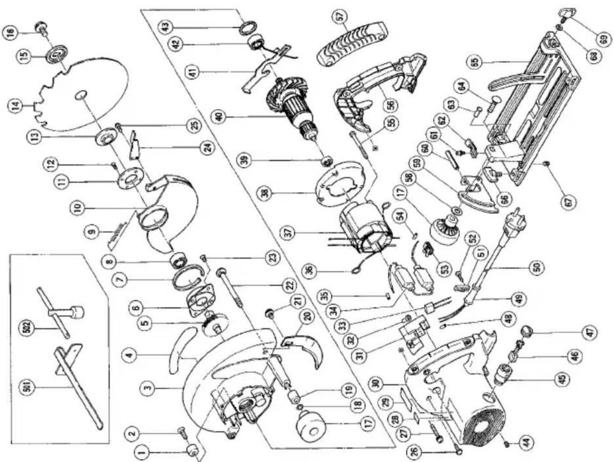 Exploded view diagram of a mechanical assembly with numbered parts and exploded view annotations
