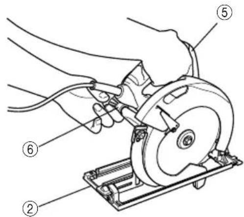 Technical diagram showing hands operating a cutting tool with numbered annotations indicating different components.
