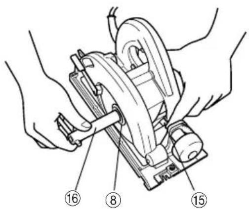 Technical diagram showing hands operating a mechanical device with numbered parts labeled 8, 15, and 16.