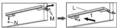 Technical diagram showing a mechanical assembly with labeled parts N, M, and L, including directional arrows and dimension 1.