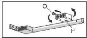 Diagram showing a mechanical or electrical component with labeled parts O and P, and directional arrows indicating rotation or movement.