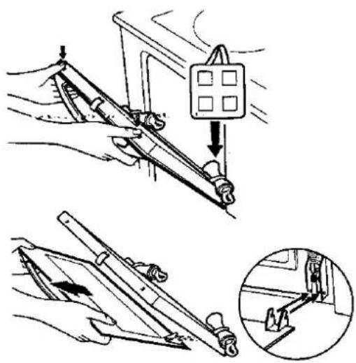 Technical diagram illustrating a mechanical assembly process with labeled parts and directional arrows