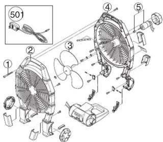 Technical diagram of a fan assembly with numbered components and an inset showing a propeller component labeled 50.