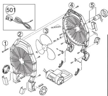 Technical diagram of an air fan assembly with numbered components and a magnified inset showing cable specification