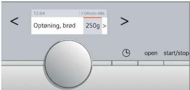 12:04 ×04min 48s Optøning, brød 250g > open start/stop