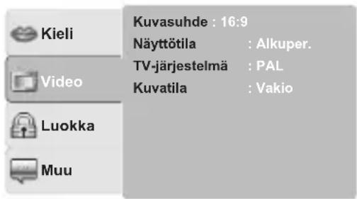 Kuvasuhde : 16:9 Näyttötila : Alkuper. Video TV-järjestelmä : PAL Kuvatila : Vakio Luokka Muu