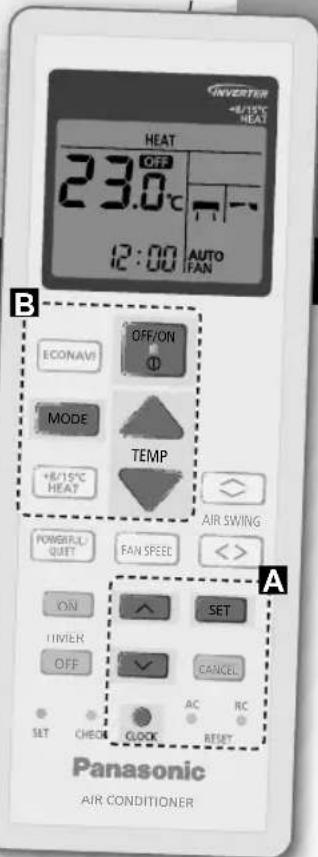INVERTER +8/15°C HEAT HEAT 23.0°C 12:00 AUTO FAN ECONAVI OFF/ON MODE TEMP +8/15°C HEAT AIR SWING POWER/LL/ QUIET FAN SPEED ON SET TIMER CANCEL OFF AC RC SET CHECK CLOCK RESET Panasonic AIR CONDITIONER