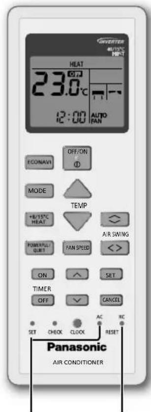 HEAT 23.0°C AUTO FAN ECONAVI OFF/ON ① MODE TEMP +8/15°C HEAT AIR SWING POWERFUL QUIT FAN SPEED <>> ON SET TIMER OFF CANCEL SET CHECK CLOCK AC RC RESET Panasonic AIR CONDITIONER