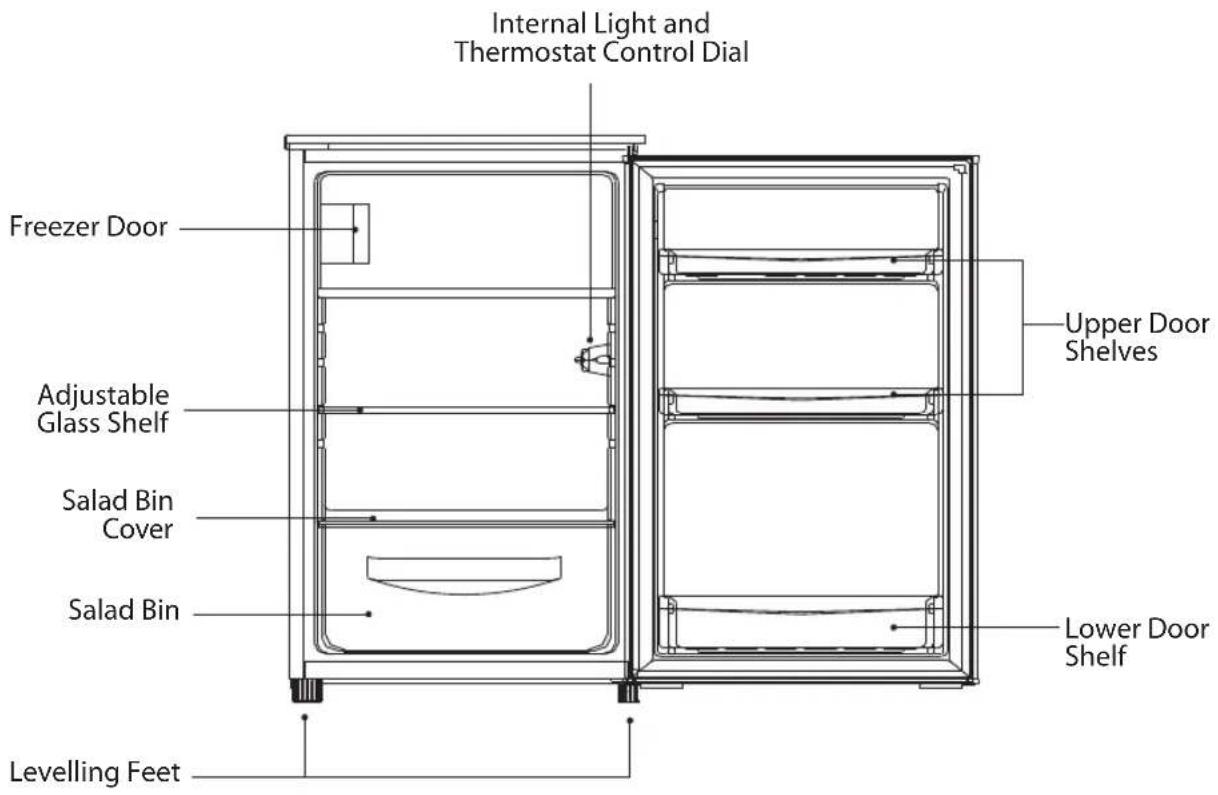Internal Light and Thermostat Control Dial Freezer Door Adjustable Glass Shelf Salad Bin Cover Salad Bin Levelling Feet Upper Door Shelves Lower Door Shelf