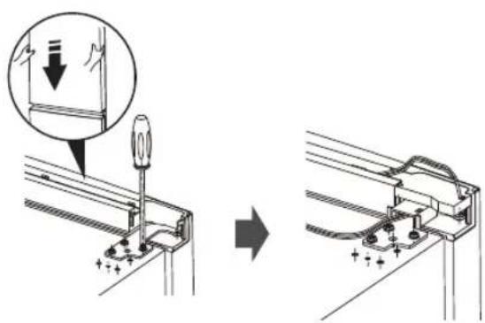 Technical diagram showing a mechanical assembly process with an inset magnified view of a component being inserted.