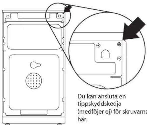 Du kan ansluta en tippskyddskedja (medföjer ej) för skruvarna här.