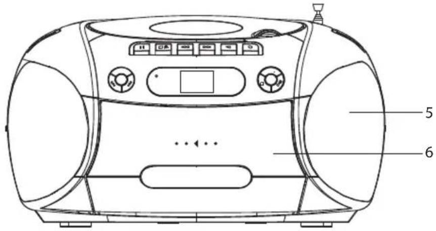 Technical line drawing of a portable radio device with labeled parts 5 and 6
