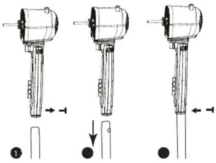 Technical diagram showing three stages of a mechanical device with directional arrows and labeled parts, likely illustrating a turning or assembly process.