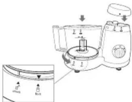 Diagram of a kitchen appliance with labeled parts and directional arrows indicating assembly or operation