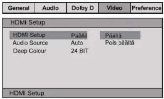 General Audio Dolby D Video Preference HDMI Setup HDMI Setup Päällä Päällä Audio Source Auto Pois päältä Deep Colour 24 BIT HDMI Setup
