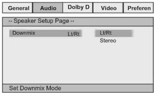 General Audio Dolby D Video Preferen -- Speaker Setup Page -- Downmix Lt/Rt Lt/Rt Stereo Set Downmix Mode