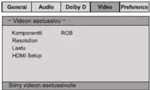 General Audio Dolby D Video Preference ** Videon asetussivu ** Komponentti RGB Resolution Laatu HDMI Setup Sirry videon asetussivule