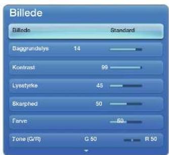 Billede Billede Standard Baggrundalys 14 Kontrast 99 Lyestyrke 45 Skarped 50 Farve 60 Tone (G/R) G 50 R 50