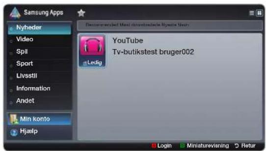 Samsung Apps Nyherer Video Spil Sport Livsstil Information Andet Min konto Hjaslp Recommended Meel download/ackie Hysine Veez: YouTube Tv-butikstest bruger002 Ledig Login Miniaturevisning Refur