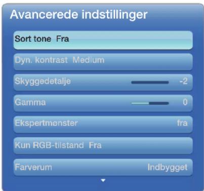 Avancerede indstillinger Sort tone Fra Dyn. kontrast Medium Skyggedetalje -2 Gamma 0 Ekspertmønster fra Kun RGB-tilstand Fra Farverum Indbygget