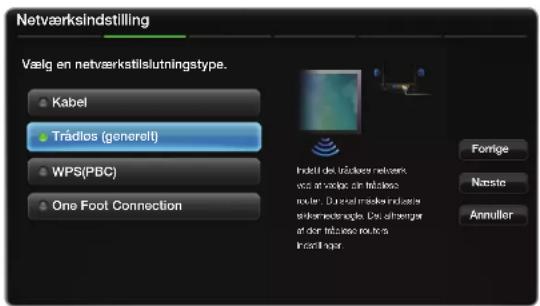 Netværksindstilling Vælg en netværkstislutningtype. Kabel Trádlos (generell) WPS(PBC) One Foot Connection Indel del trádlos network vas at vælg en trádlos router. De erad metek indizere sikemendagte. De afthengar at der trádlos routes Incarlinger. Forrige Naste Annulier