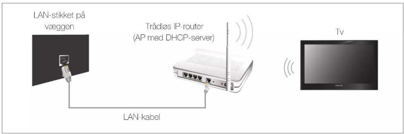LAN-stikket på væggen Trådløs IP-router (AP med DHCP-server) LAN-kabel Tv