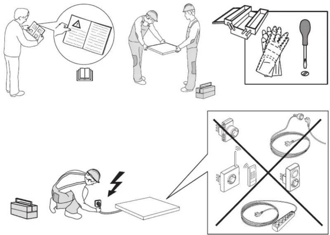 Illustration showing safety and electrical hazard warning, including workers exchanging documents, tools, and electrical circuitry.