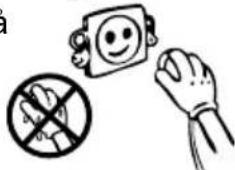 Safety warning illustration showing a hand holding a phone with a smiling face, crossed out by a no-smoking symbol.