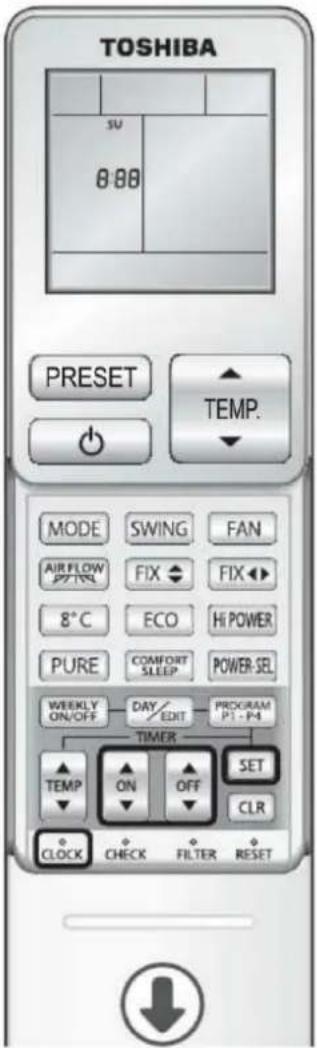 TOSHIBA SUV 8:00 PRESET TEMP. MODE SWING FAN AIR FLOW FIX FIX 8°C ECO HI POWER PURE COMFORT POWER SEL WEEKLY DAY/EDIT PROGRAM ON/OFF EDIT P1-P4 TIMER TEMP ON OFF SET CLOCK CHECK FILTER RESET