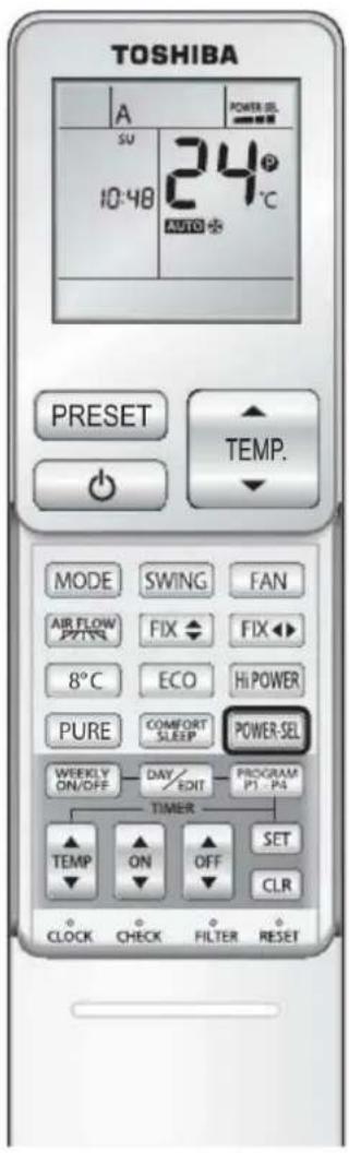 TOSHIBA A SU 10:48 24°C AUTO PRESET TEMP. MODE SWING FAN AIR FLOW FIX FIX 8°C ECO HI POWER PURE COMFORT POWER-SEL SLEEP SLEEP WEEKLY DAY/ EDIT PROGRAM ON/OFF P1-P4 TIMER TEMP ON OFF SET CLOCK CHECK FILTER RESET