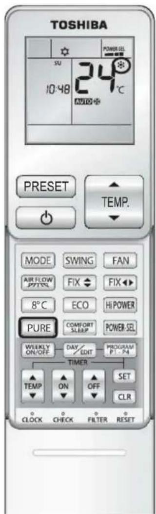 TOSHIBA SU 10-48 24°C AUTO POWER SEL PRESET TEMP. MODE SWING FAN AIR FLOW FIX FIX 8°C ECO Hi POWER PURE COMFORT POWER SEL WEEKLY DAY/PROGRAM ON/OFF EDIT P1-P4 TIMER TEMP ON OFF SET CLOCK CHECK FILTER RESET