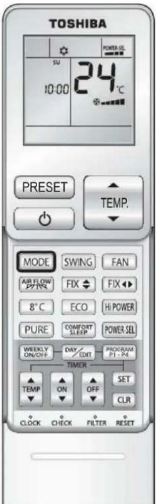 TOSHIBA POWER-SEL SU 10:00 24°C PRESET TEMP. MODE SWING FAN AIR FLOW FIX FIX 8°C ECO Hi POWER PURE COMFORT POWER-SEL WEEKLY DAY/PROGRAM ON/OFF EDIT P1-P4 TIMER TEMP ON OFF SET CLOCK CHECK FILTER RESET