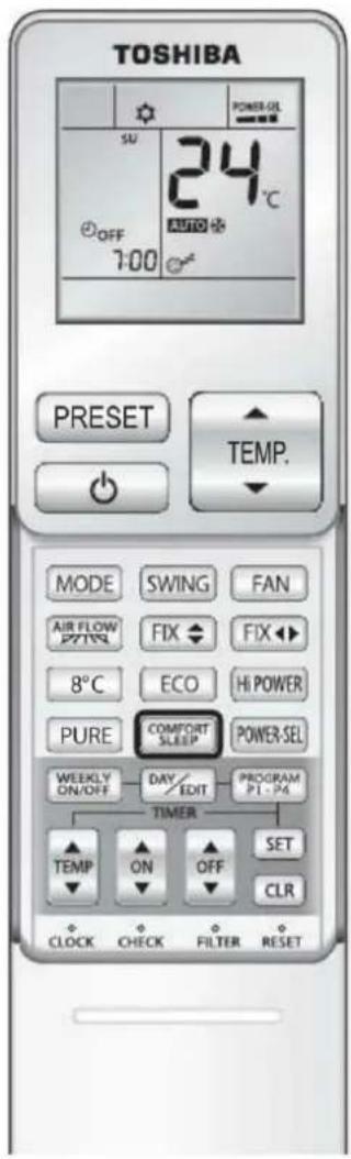 TOSHIBA 24°C AUTO 7:00 PRESET TEMP. MODE SWING FAN AIR FLOW FIX FIX 8°C ECO HI POWER PURE COMFORT POWER-SEL WEEKLY DAY/ EDIT PROGRAM ON/OFF PI - PA TIMER TEMP ON OFF SET CLOCK CHECK FILTER RESET POWER-GL CLR