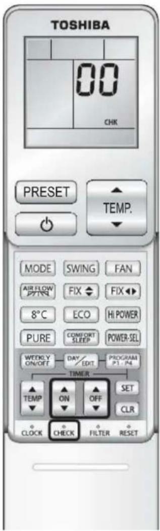 TOSHIBA 00 CHK PRESET TEMP. MODE SWING FAN AIR FLOW FIX FIX 8°C ECO HI POWER PURE COMFORT POWER-SEL WEDDLY DAY/ EDIT PROGRAM ON/OFF SLEEP P1-P4 TIMER TEMP ON OFF SET CLOCK CHECK FILTER RESET
