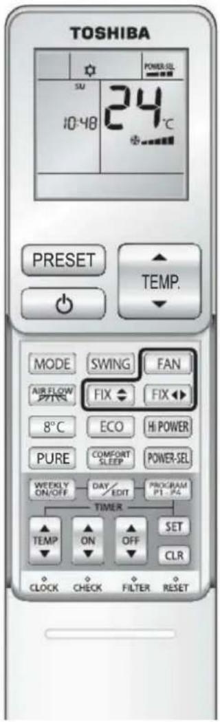 TOSHIBA POWER-SL SU 10-48 24°C PRESET TEMP. MODE SWING FAN AIR FLOW FIX FIX 8°C ECO HI POWER PURE COMFORT POWER-SEL WEEKLY DAY/EDIT PROGRAM ON/OFF Sleep P1-P4 TIMER SET TEMP ON OFF CLR CLOCK CHECK FILTER RESET