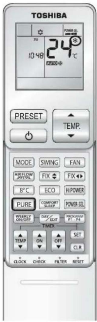 TOSHIBA SUV 10-48 24°C AUTO + PRESET TEMP. MODE SWING FAN AIR FLOW FIX FIX 8°C ECO HI POWER PURE COMFORT POWER SEL ON/OFF DAY EDIT PROGRAM P1-P4 TIMER TEMP ON OFF SET CLOCK CHECK FILTER RESET