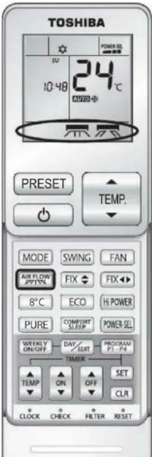 TOSHIBA 10-48 24°C AUTO + PRESET TEMP. MODE SWING FAN AIR FLOW FIX FIX 8°C ECO HI POWER PURE COMFORT POWER SEL WEEKLY DAY PROCAM ON/OFF EDIT P1-P4 TIMER SET TEMP ON OFF CLR CLOCK CHECK FILTER RESET