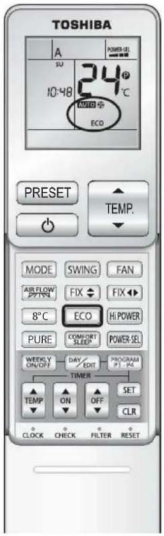 TOSHIBA A POWER-SEL SU 10:48 24° °C AUTO + ECO PRESET TEMP. MODE SWING FAN AIR FLOW FIX FIX 8°C ECO HI POWER PURE COMFORT SLEEP POWER-SEL WEEKLY ON/OFF DAY EDIT PROGRAM P1-P4 TIMER TEMP ON OFF SET CLOCK CHECK FILTER RESET