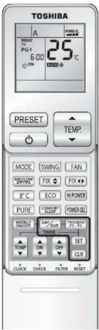 TOSHIBA A POWER-CL WEEKY TU PG-1 6:00 ON 25°C AUTO + PRESET TEMP. MODE SWING FAN AIR FLOW P/THR FIX FIX 8°C ECO HI POWER PURE COMFORT SLEEP POWER-SEL WEEKLY ON/OFF DAY EDIT PROGRAM P1-P4 TIMER SET TEMP ON OFF CLR CLOCK CHECK FILTER RESET
