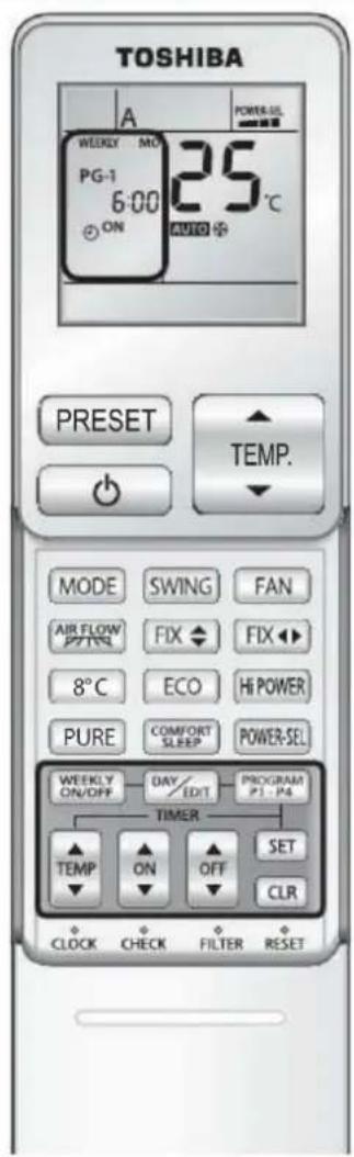 TOSHIBA A POWER-SIL WEEKLY MO PG-1 25 °C 6:00 ON AUTO PRESET TEMP. MODE SWING FAN AIR FLOW FIX FIX 8°C ECO HI POWER PURE COMFORT POWER- SLEEP SLEEP POWER-SEL WEEKLY DAY/EDIT PROGRAM ON/OFF P1-P4 TIMER TEMP ON OFF SET CLOCK CHECK FILTER RESET