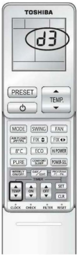 TOSHIBA d3 PRESET TEMP. MODE SWING FAN AIR FLOW FIX FIX 8°C ECO HI POWER PURE COMFORT POWER-SEL WEEKLY DAY EDIT PROGRAM ON/OFF Sleep P1-P4 TIMER TEMP ON OFF SET CLOCK CHECK FILTER RESET