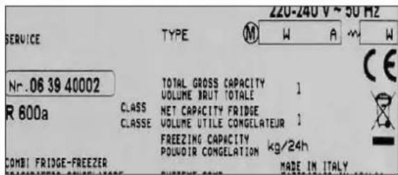 SERVICE Nr. 06 39 40002 R 600a CLASS CLASSE TOTAL GROSS CAPACITY VOLUME BRUT TOTALE NET CAPACITY FRIDGE VOLUME UTILE CONGELATEUR FREEZING CAPACITY POUVOIR CONGELATION kg/24h COMBI FRIDGE-FREEZEER MADE IN ITALY M W A m W CE