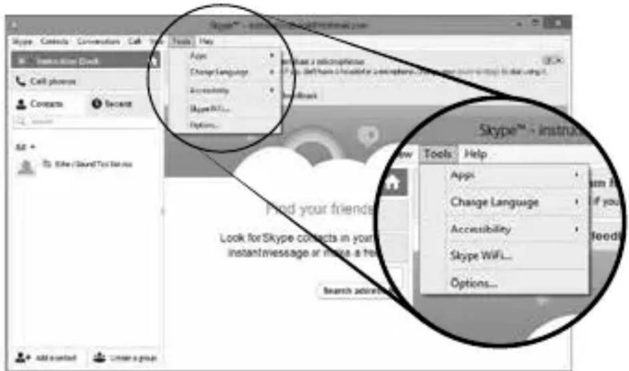Skype™ - instruction Tools Help Apps Change Language Accessibility Skype WiFi... Options... Search advice... Add a contact Create a group Skype™ - instruction Tools Help Apps Change Language Accessibility Skype WiFi... Options...