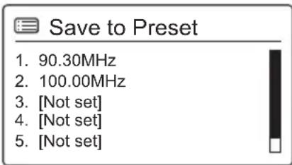 Save to Preset 1. 90.30MHz 2. 100.00MHz 3. [Not set] 4. [Not set] 5. [Not set]