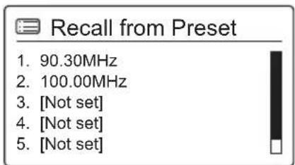 Recall from Preset 1. 90.30MHz 2. 100.00MHz 3. [Not set] 4. [Not set] 5. [Not set]