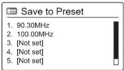 Save to Preset 1. 90.30MHz 2. 100.00MHz 3. [Not set] 4. [Not set] 5. [Not set]