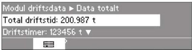 Modul driftsdata ▶ Data totalt Total driftstid: 200.987 t Driftstimer: 123456 t ▼
