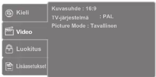 Kieli Kuvasuhde : 16:9 TV-järjestelmä : PAL Picture Mode : Tavallinen Video Luokitus Lisäasetukset