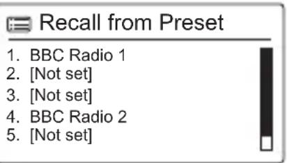 Recall from Preset 1. BBC Radio 1 2. [Not set] 3. [Not set] 4. BBC Radio 2 5. [Not set]